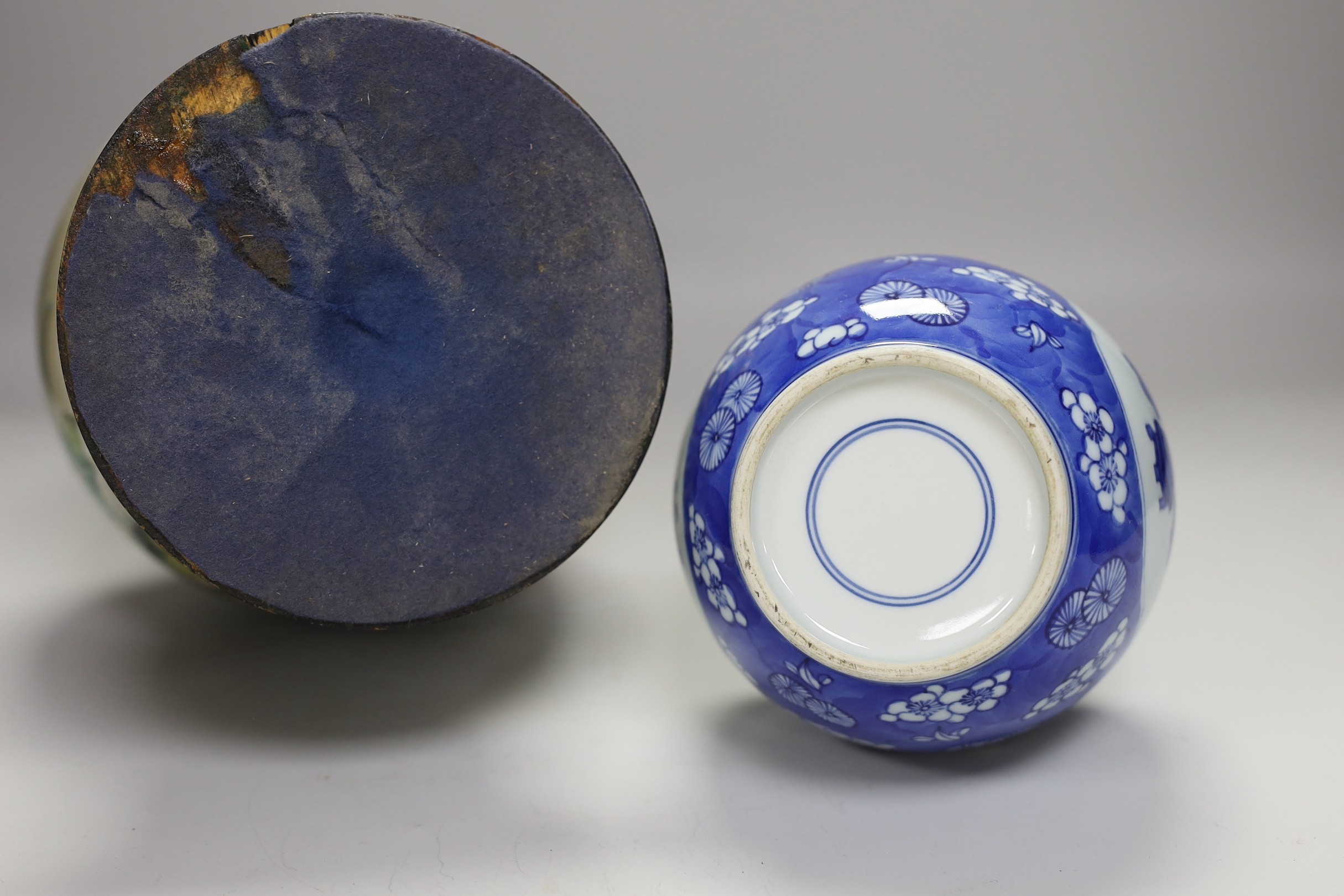 A Chinese crackle glaze ‘phoenix’ vase mounted as a lamp and a similar blue and white bottle vase